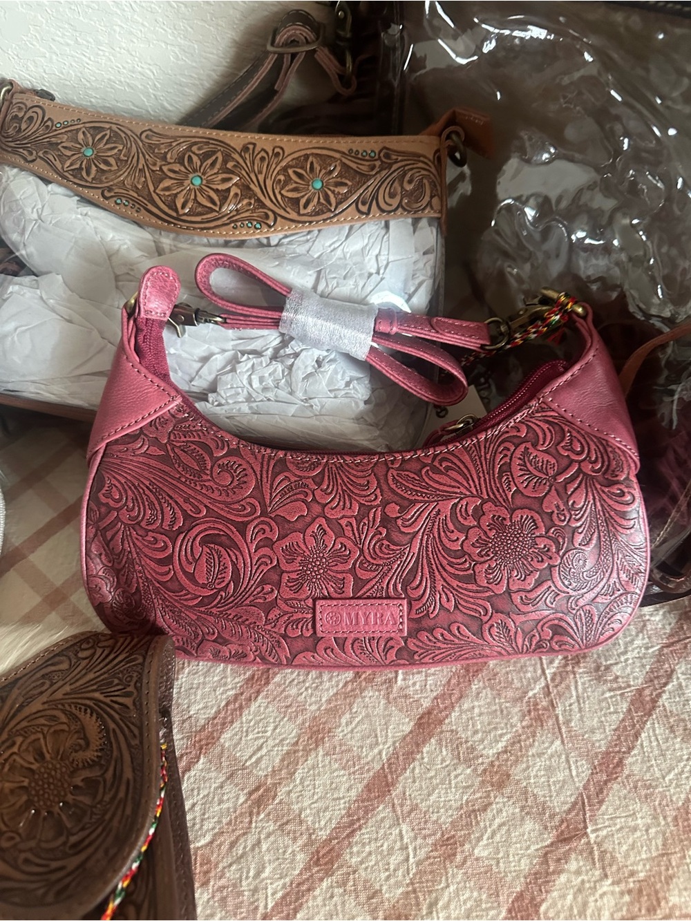 Myra Bag Pink Hand-Tooled Floral Leather Shoulder Bag